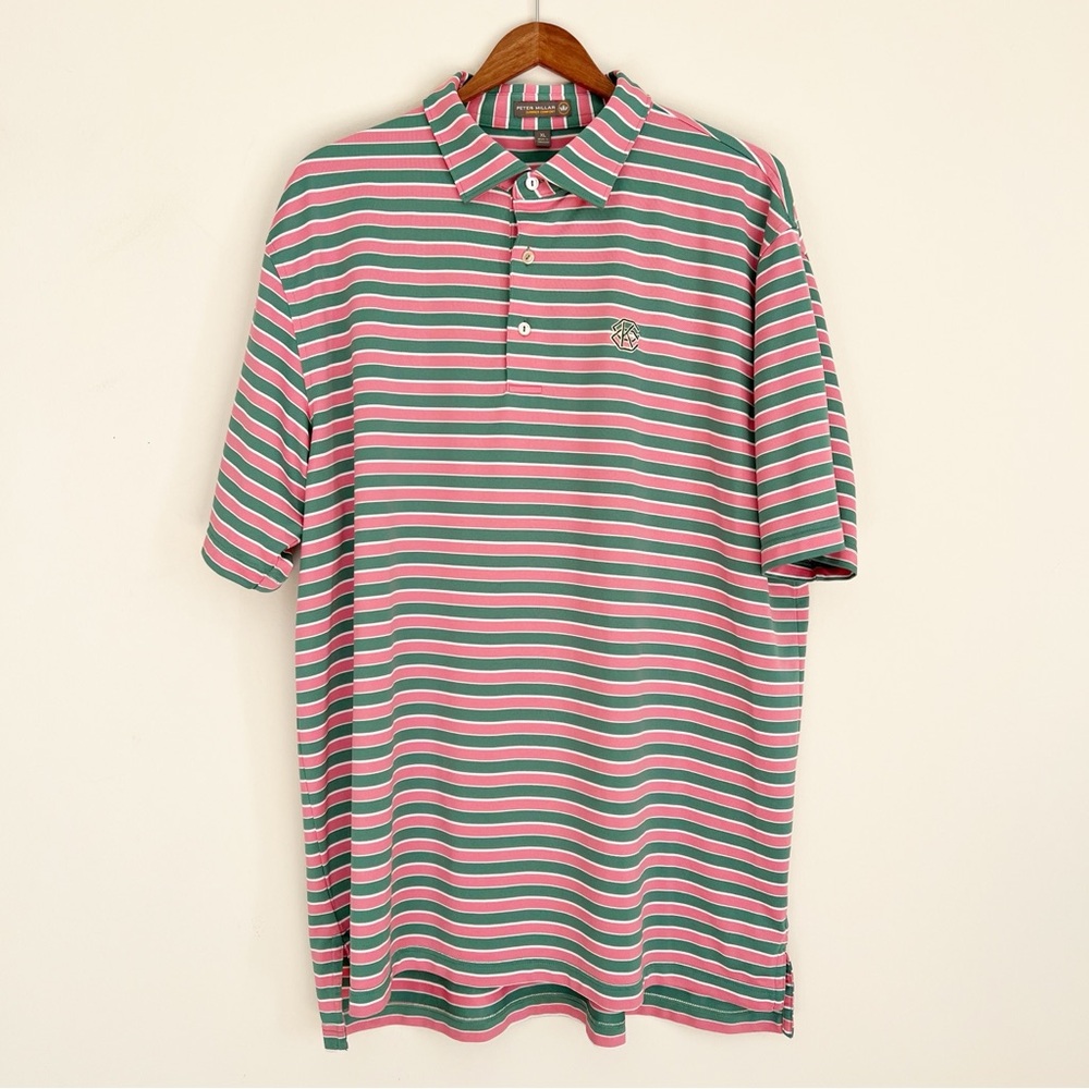 Peter Millar Summer Comfort Polo Shirt XL Pink Green Short Sleeve Striped Golf